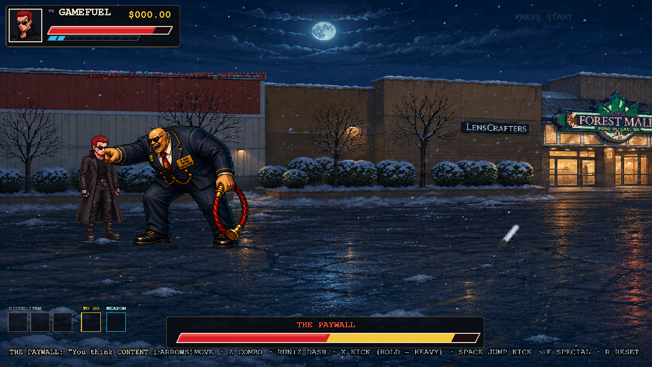 Boss fight against the Paywall enemy on wet pavement at night