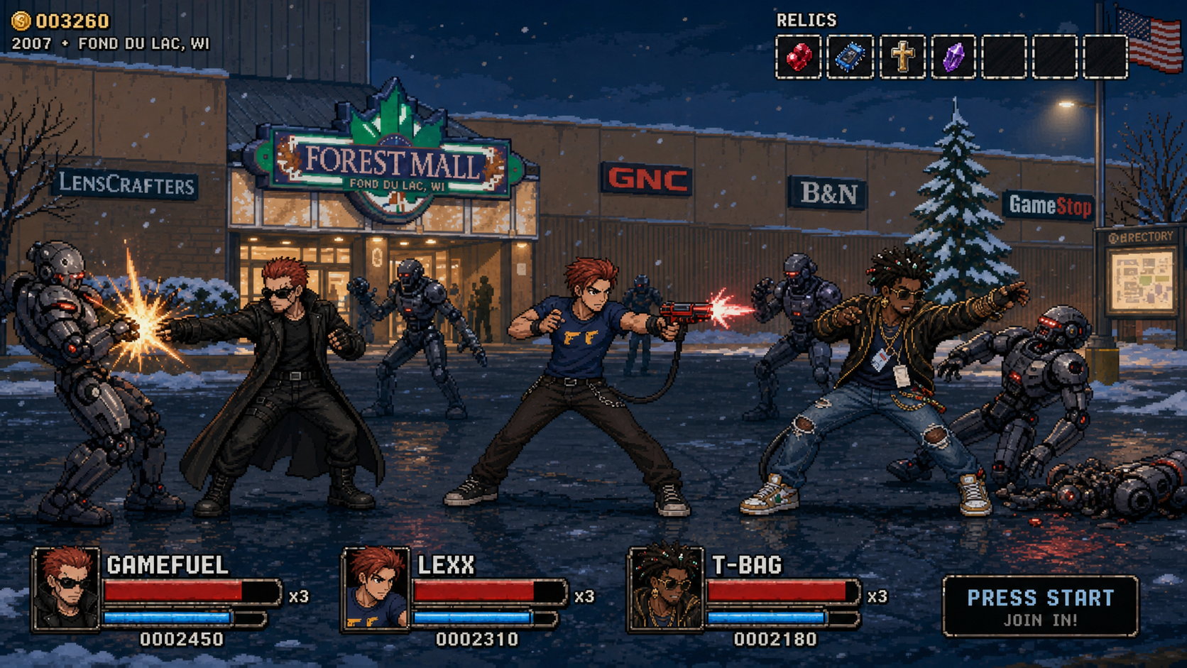 Lower Level gameplay — four hunters fighting Slop Agents outside Forest Mall in the rain