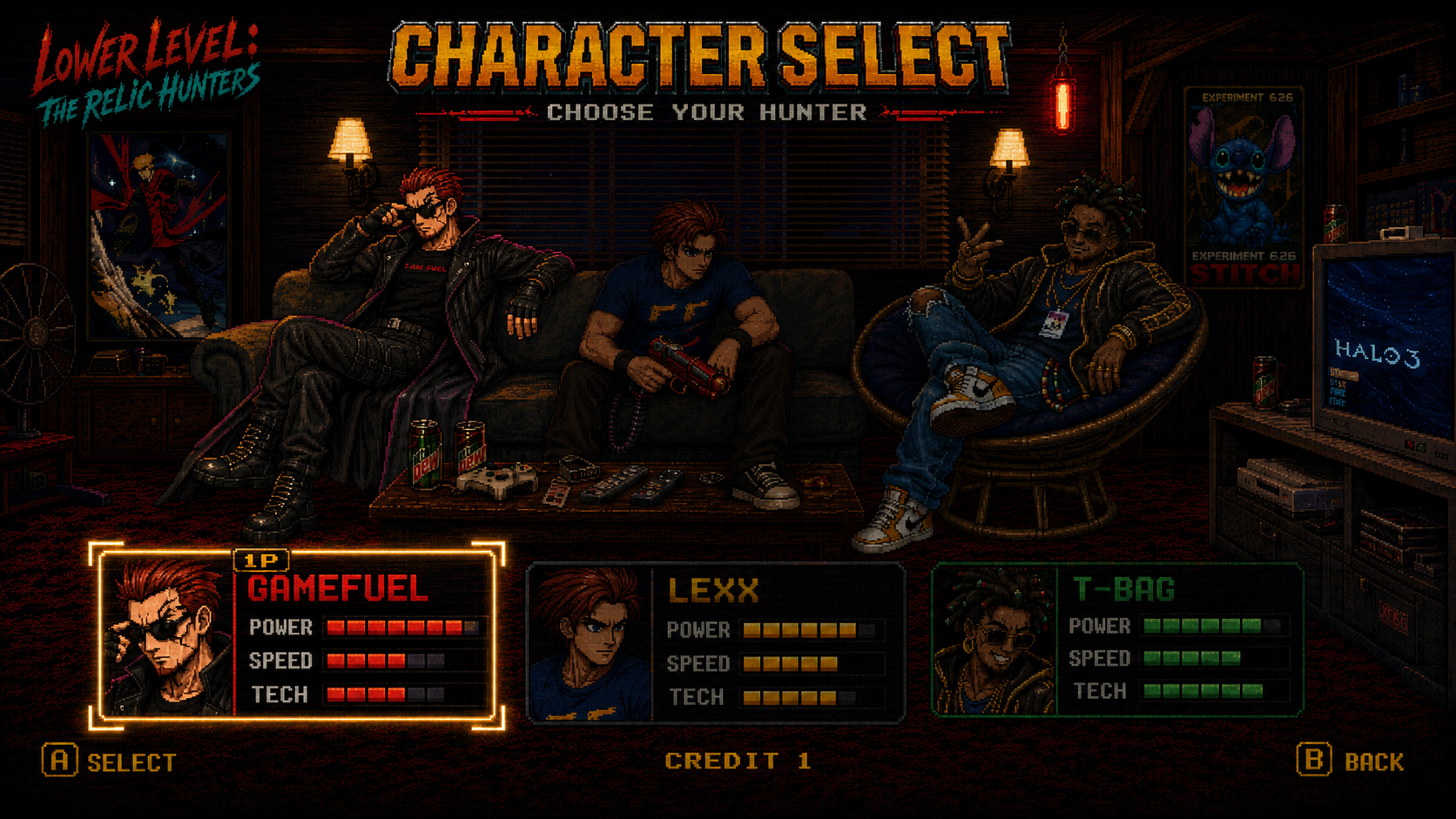 Character select screen showing GameFuel, Lexx and T-Bag