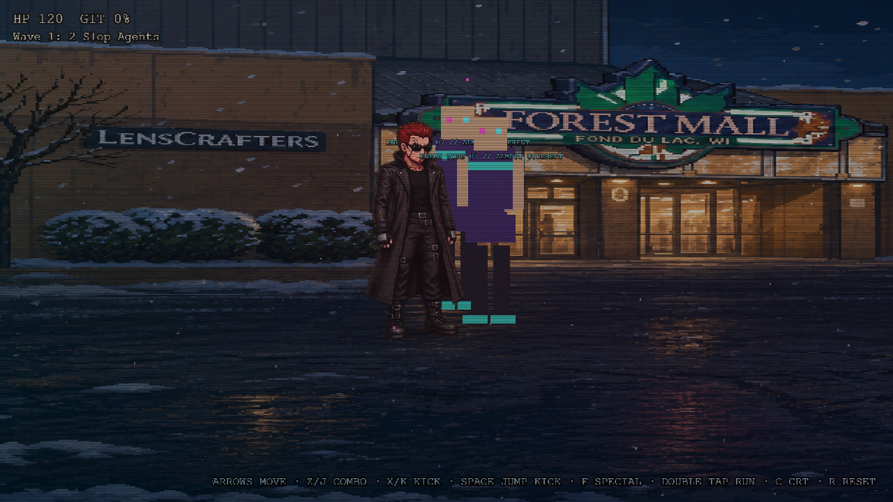 Game Crazy storefront exterior at night in the snow